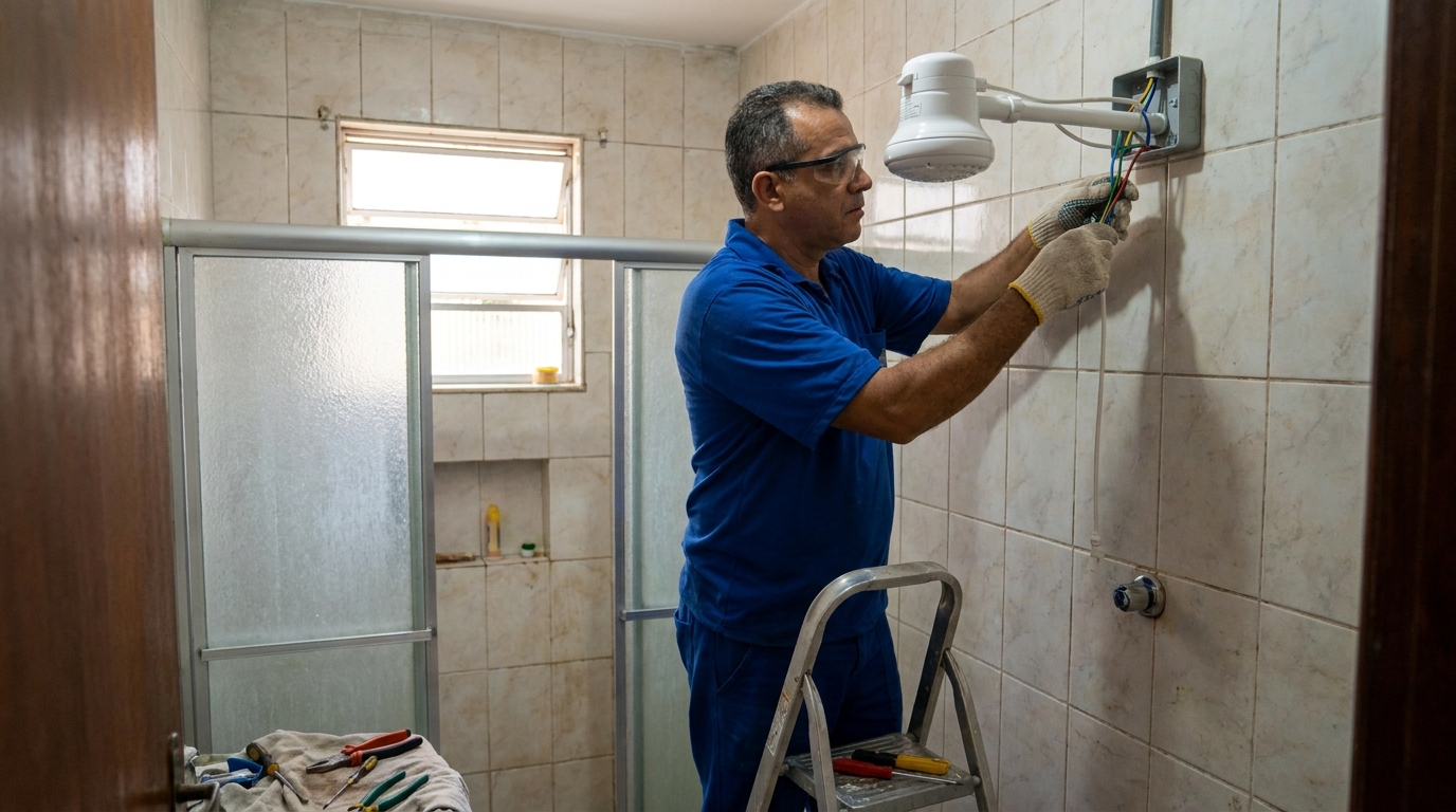 Eletricista instalando chuveiro eletrico em Osasco‑SP